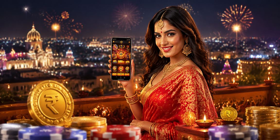 Young woman enjoying mobile casino games in colorful saree